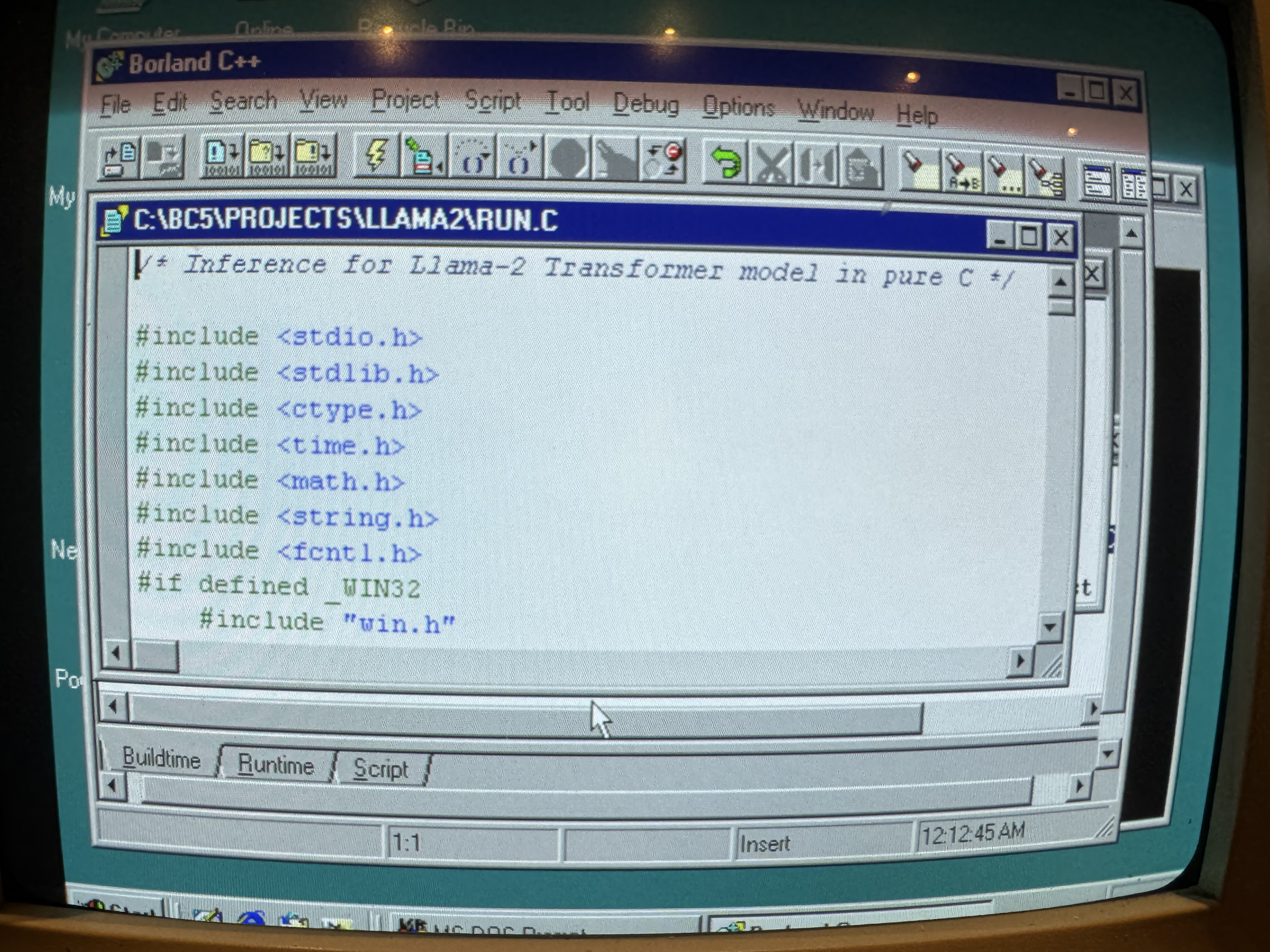 Borland C++ 5.02 IDE showing llama2.c