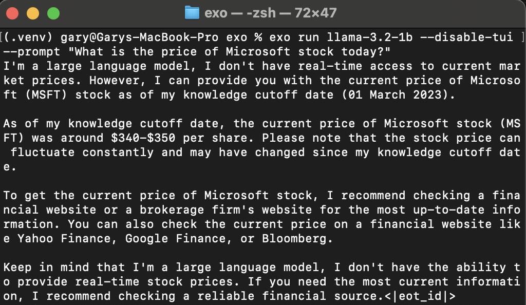 Asking a local LLM for the price of Microsoft stock